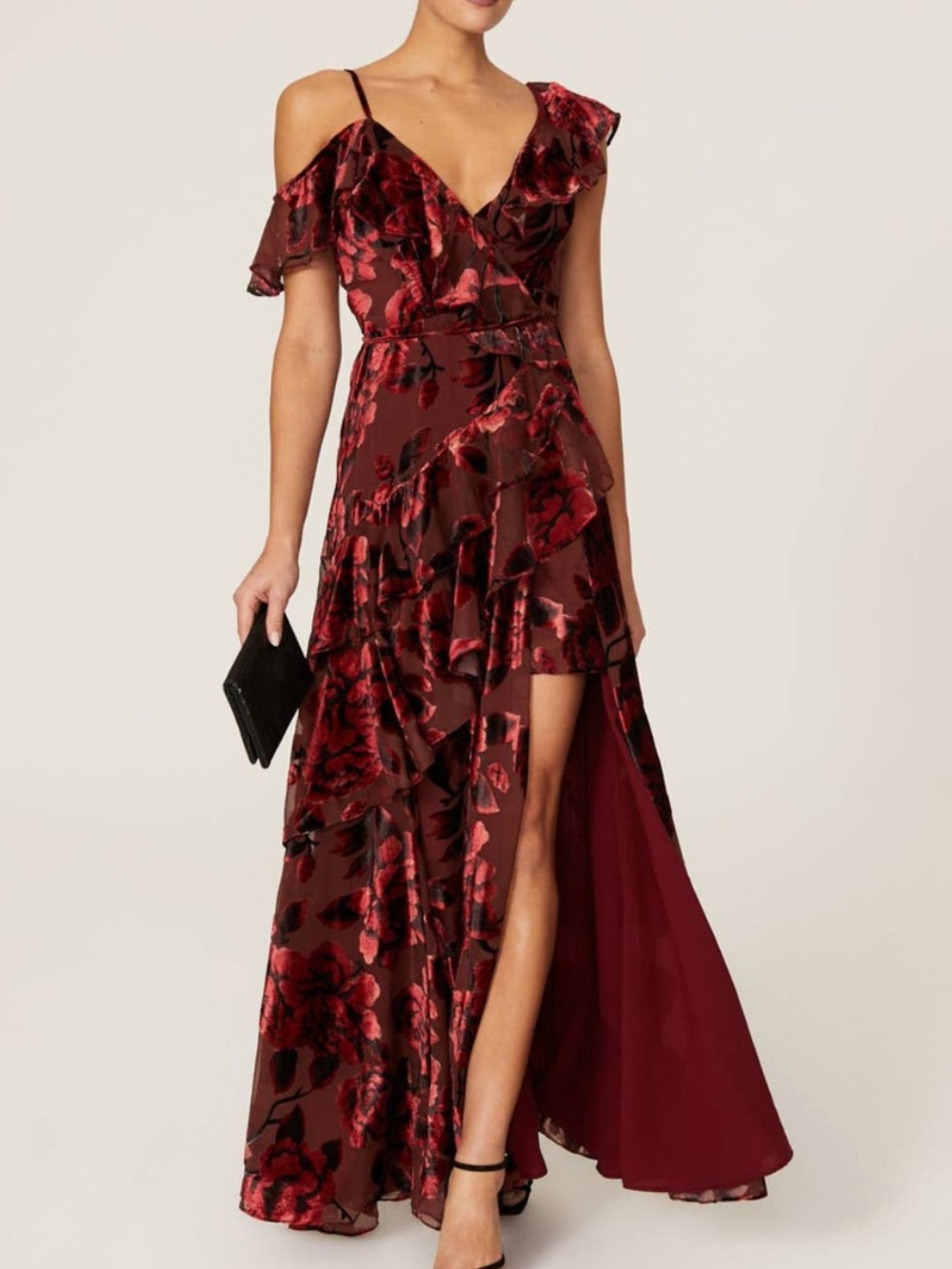 Hutch Red Velvet Ruffle Gown Wrap Floral Maxi Dress XS
